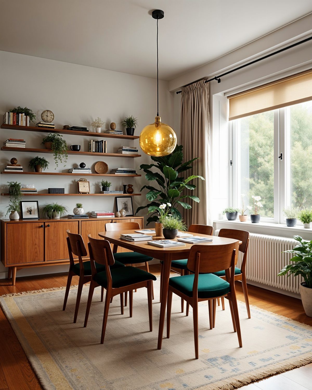 Walnut dining table with green upholstered chairs and a gold globe pendant light.