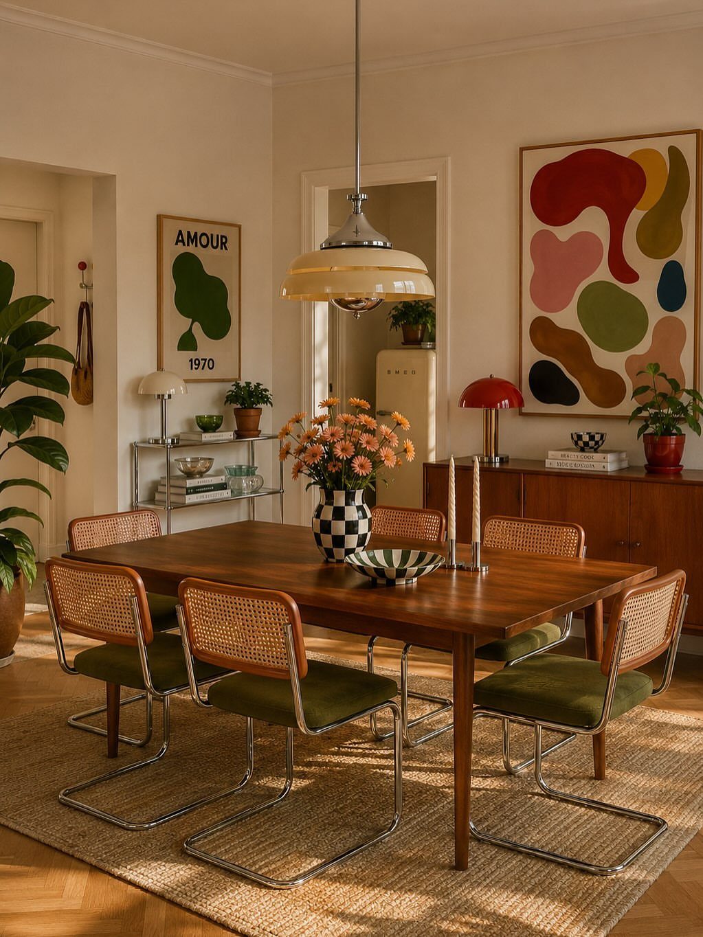 Rectangular walnut dining table with cane-back chairs and green cushions in a modern room.