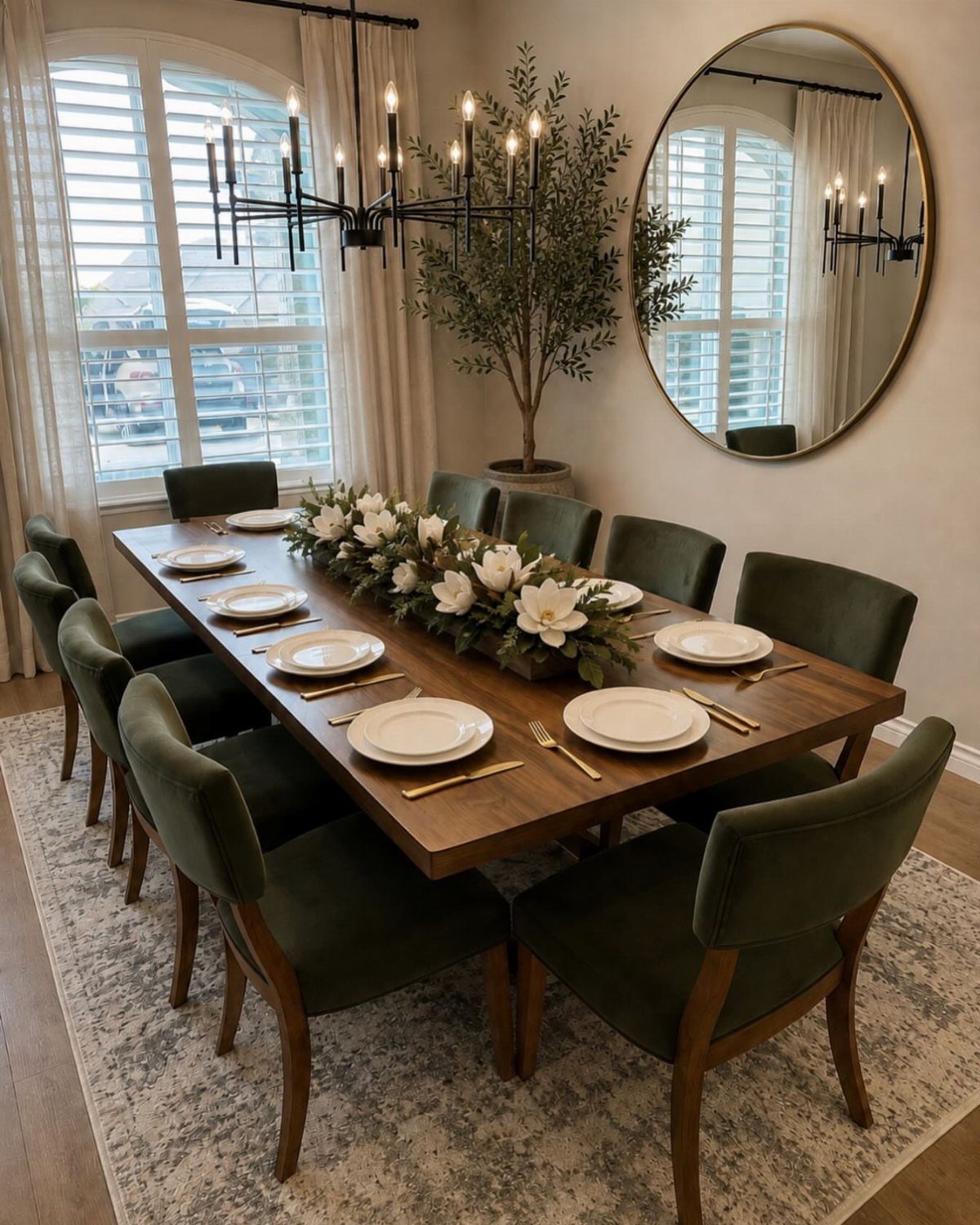 Walnut dining table with olive-green upholstered chairs and a white floral centerpiece.