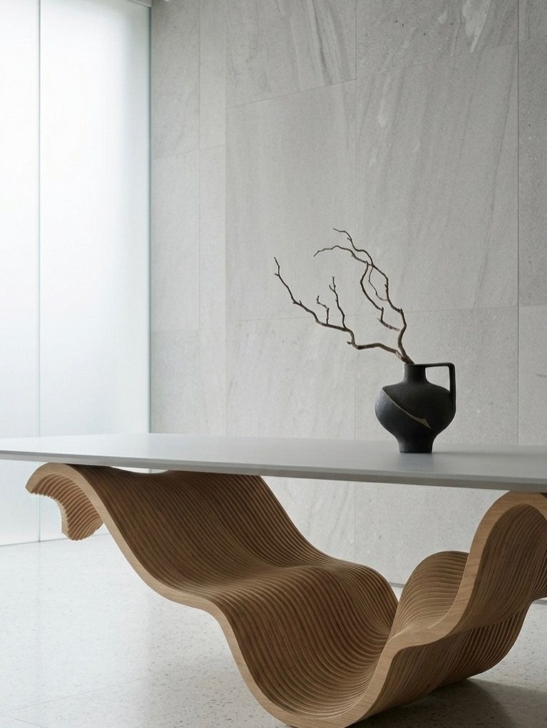 Modern dining table with a white top and a curved sculptural wooden base.