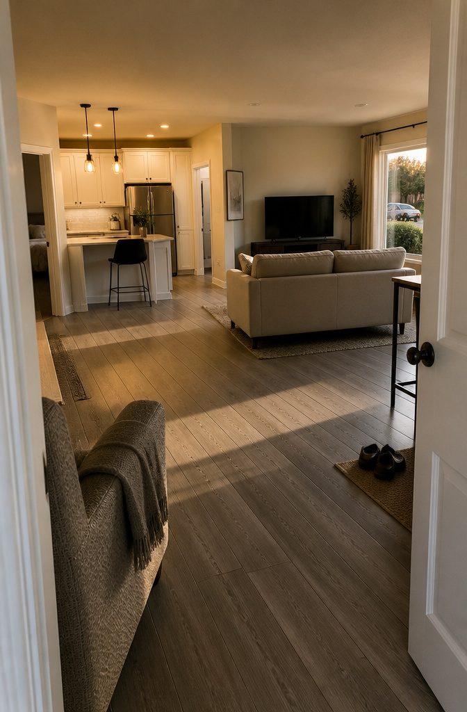 Primary bedroom beside an open living room with sofa and television