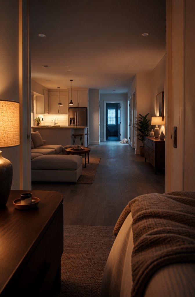 Home interior with primary bedroom at one end and children’s bedroom doors across the living area