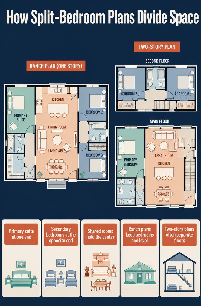 Split-bedroom plan diagram with shared rooms dividing two bedroom areas