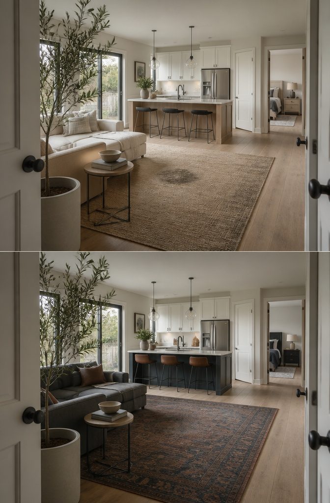 Home exterior illustrating a split-bedroom layout with limited hallway space