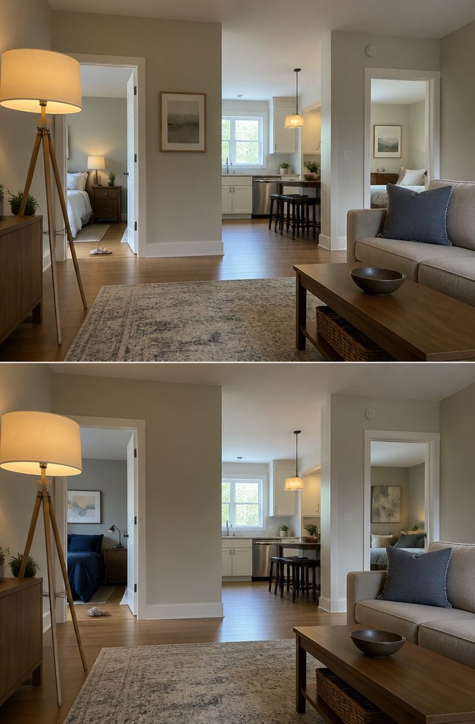Home exterior illustrating a floor plan with bedrooms in separate areas