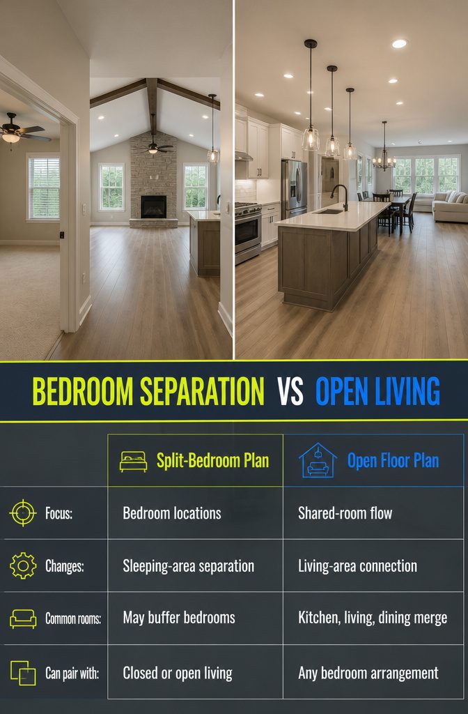 Comparison graphic showing separated bedrooms and an open kitchen living and dining area