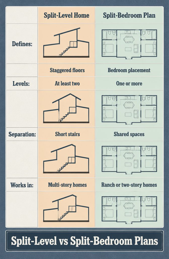 Comparison graphic showing a split-level home beside a split-bedroom floor plan